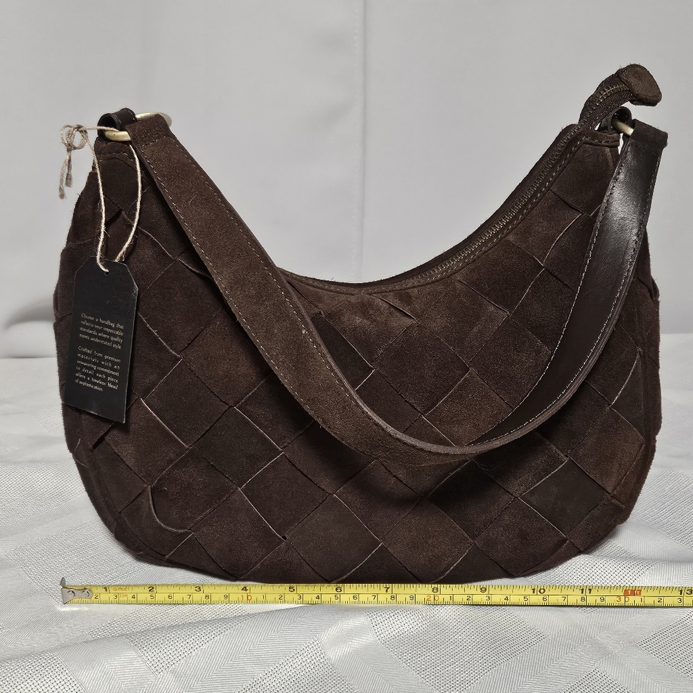 Chocolate Suede Woven Crescent/hobo Bag W/ Crossbody Option - Picture 9 of 11